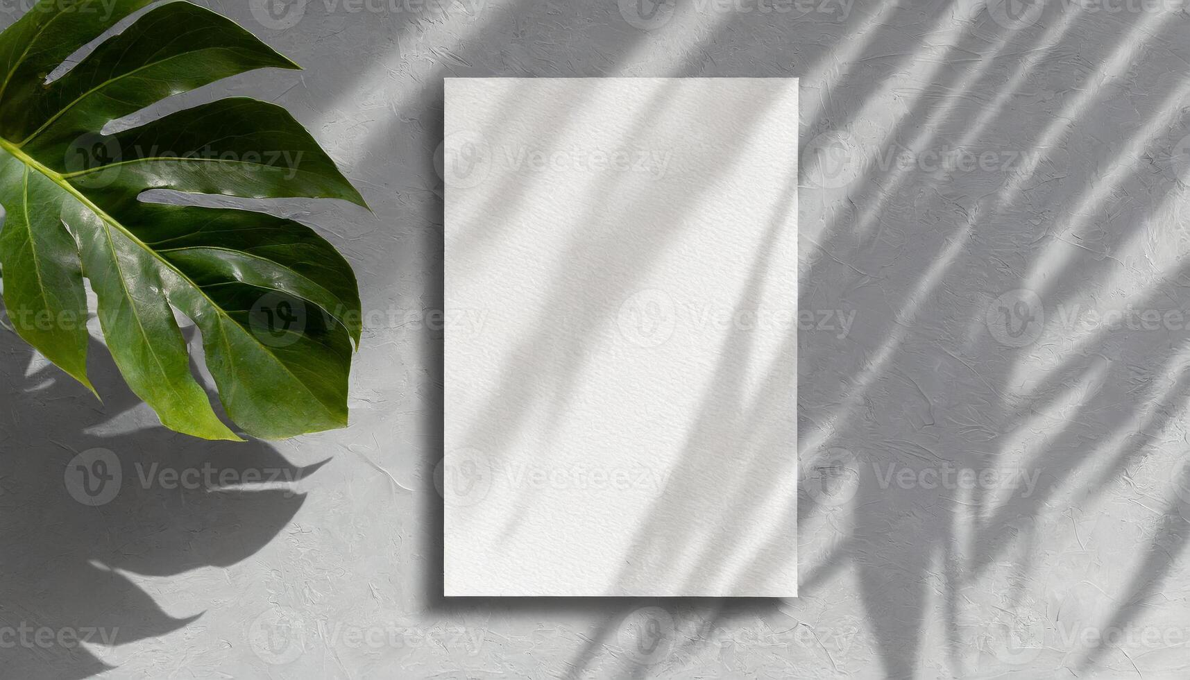 AI generated vertical sheets of textured white paper against a soft gray table background. the natural light creates subtle shadows from an exotic plant, enhancing the mockup overlay in a horizontal photo