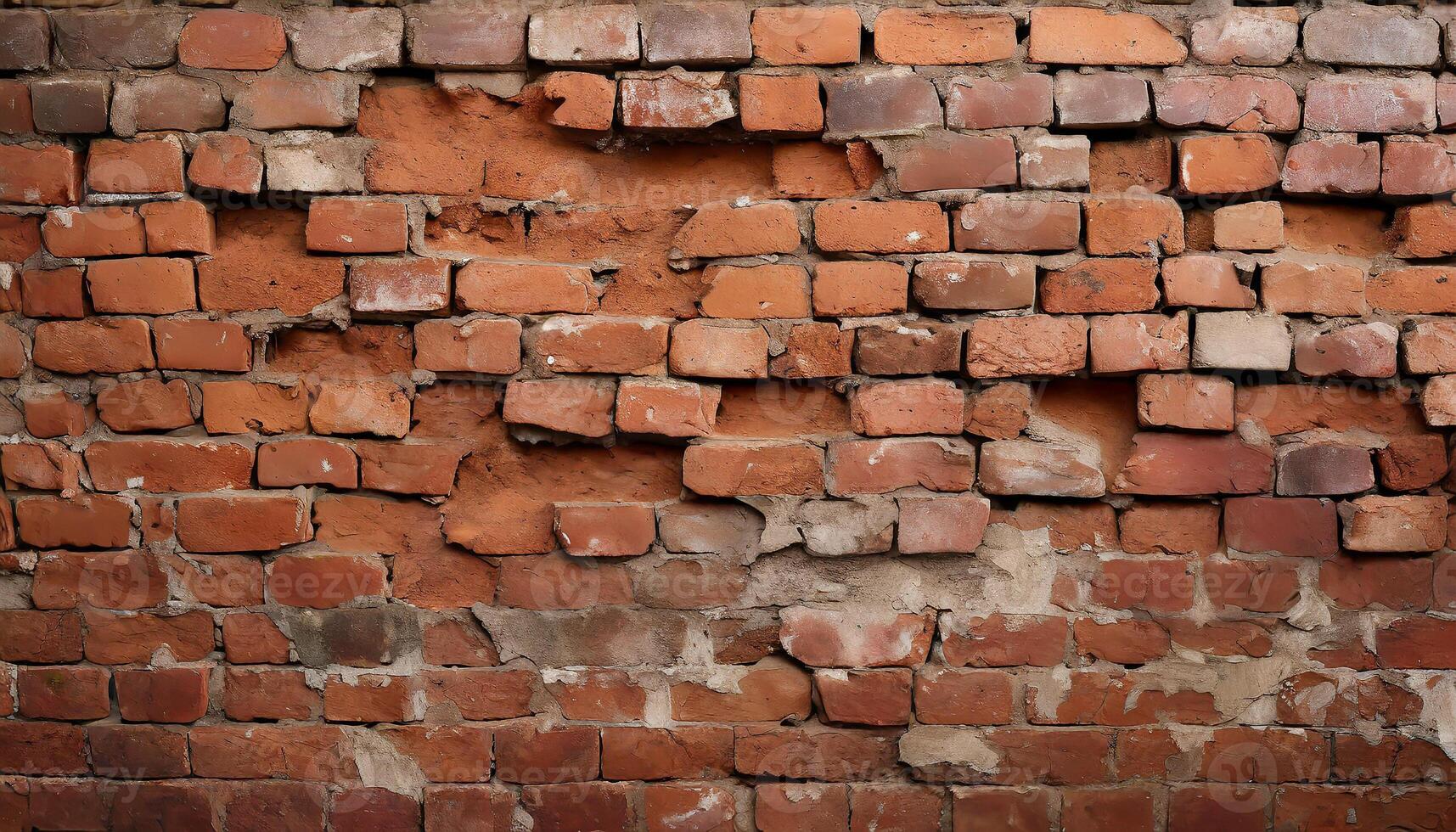 AI generated Fragment of old brickwork, close-up. Red brick wall. Potholes and defects in a brick wall. Flat lay, close-up. Cracks and defects of red brick on the wall. building houses, texture photo