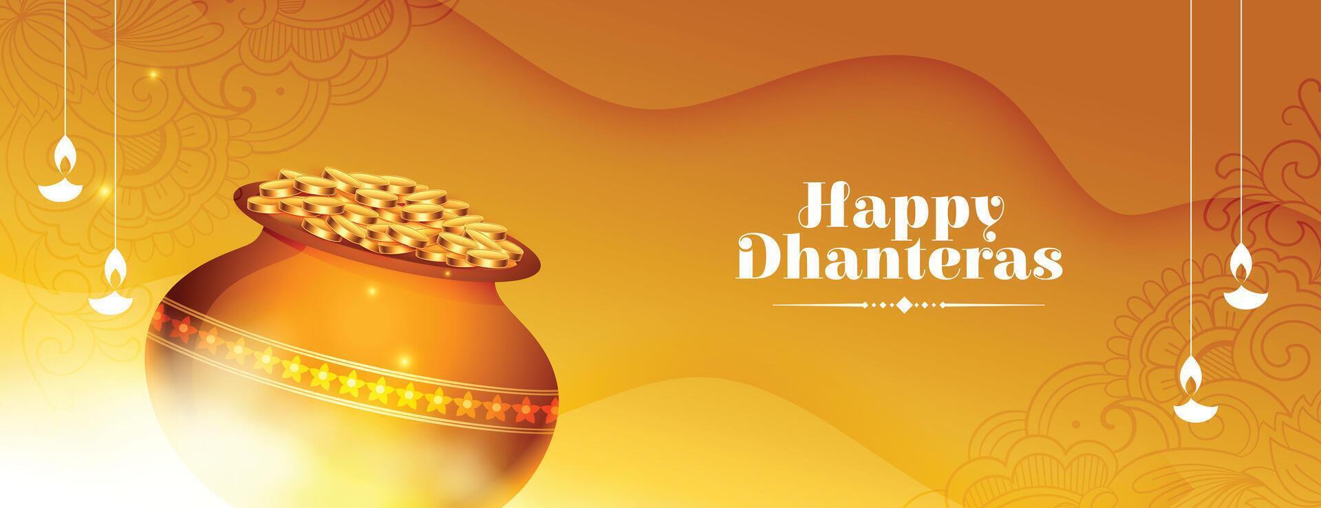 happy dhanteras spiritual banner welcoming wealth and prosperity vector