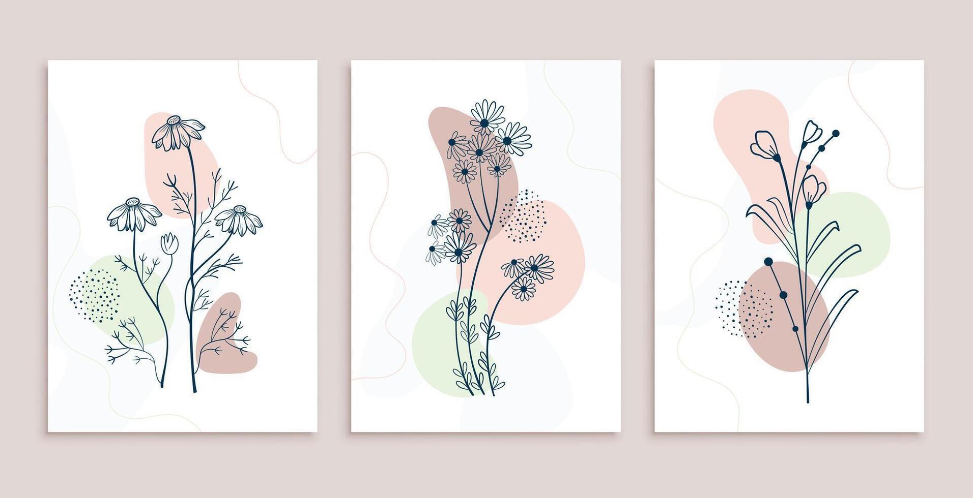 minimal line art flower and leaves poster design set vector