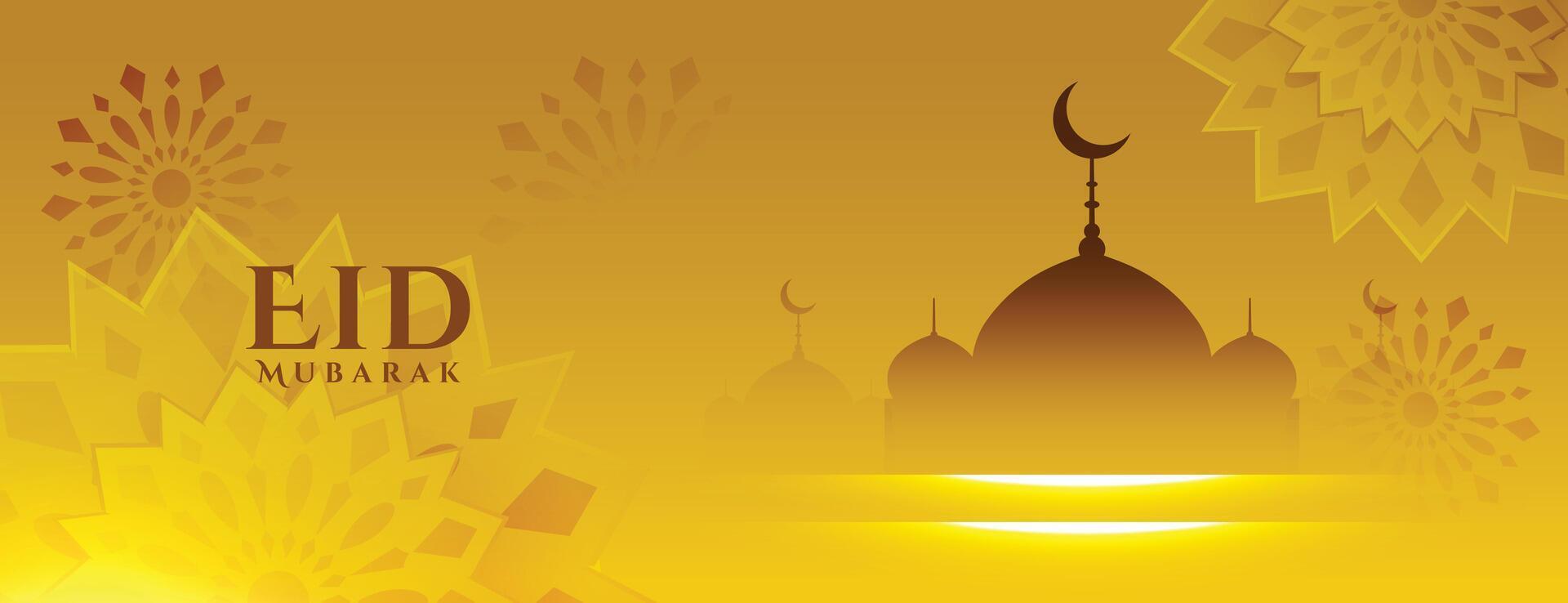 eid mubarak shiny golden banner with mosque and light effect vector