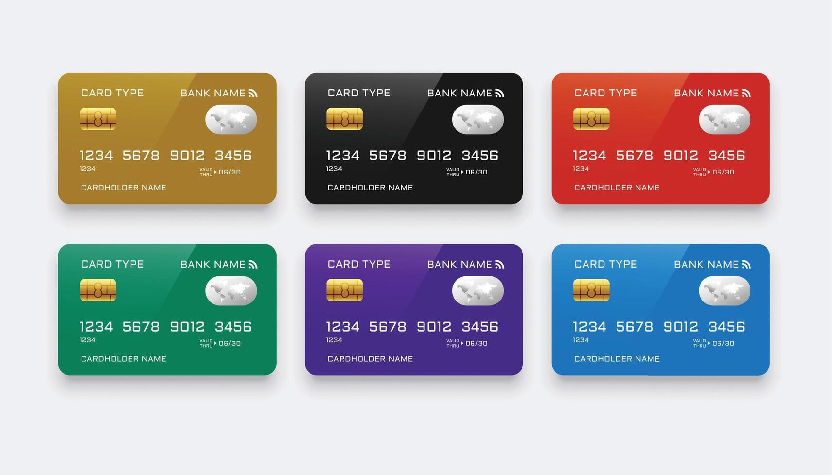 set of realistic credit cards in siz colors vector