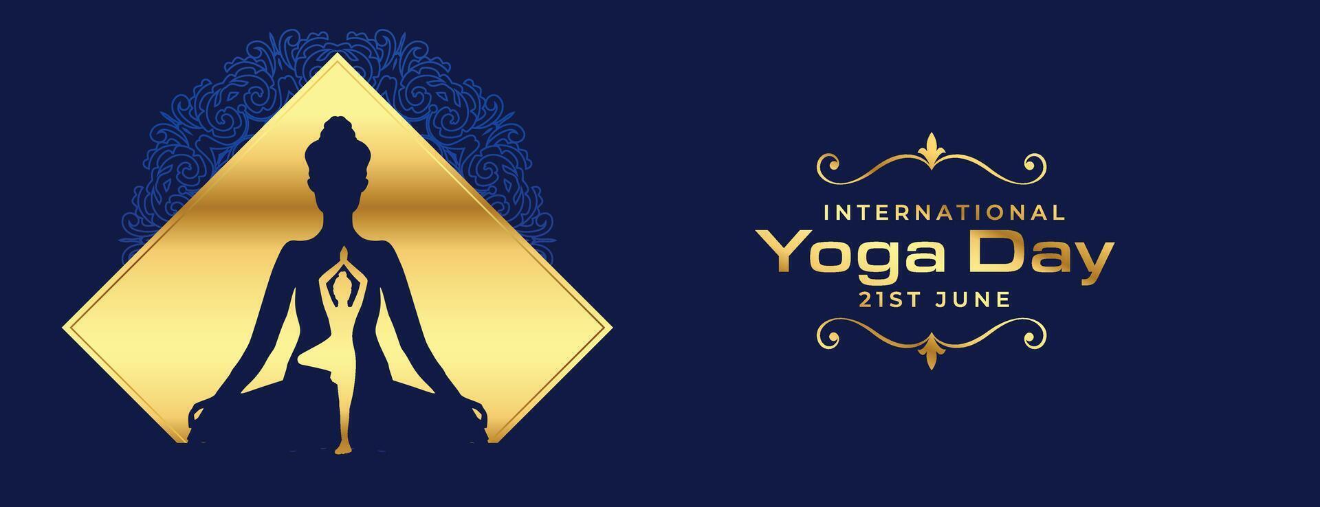 prima internacional yoga día celebracion bandera con dorado toque vector