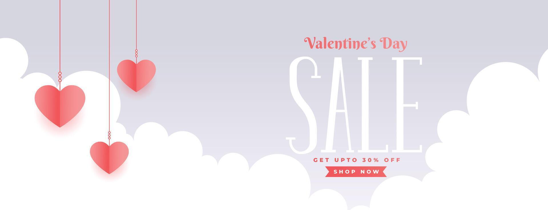 valentines day sale banner with clouds and hanging hearts vector