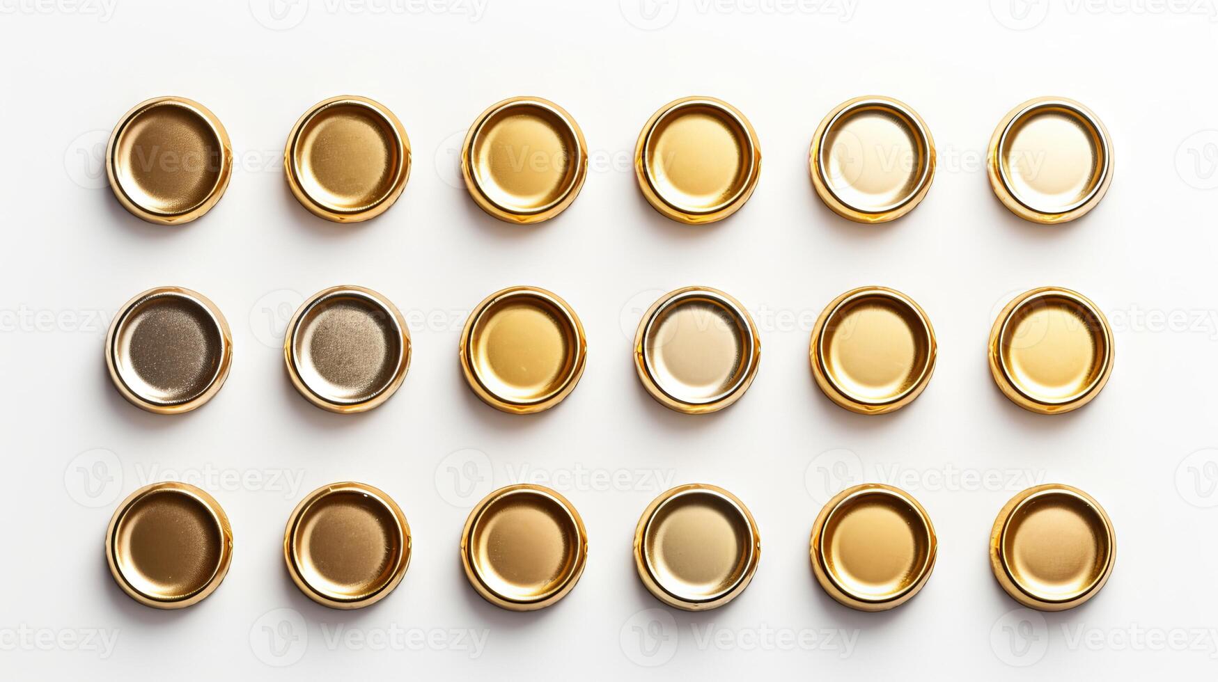 AI generated Rows of golden and silver bottle caps on a white surface. Top view. Concept of beverage packaging, recyclable material, organized pattern, craft beer, alcohol variety, collecting. photo