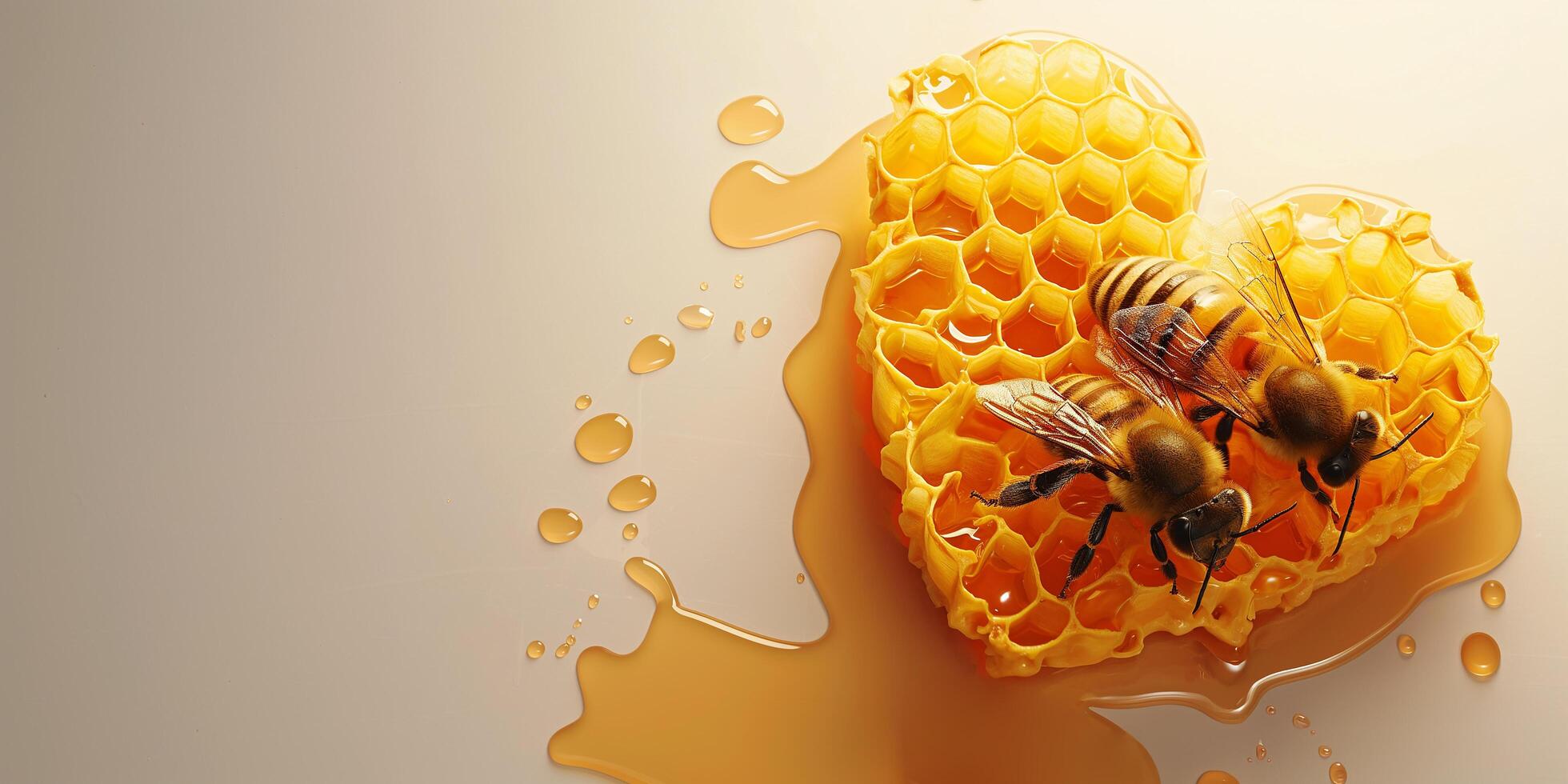 AI generated A heart-shaped honeycomb with three bees on plaining background. Space for text photo