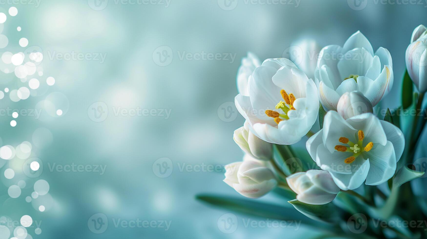 AI generated Close up of spring flowers on blured light blue background, Spring background for banner or card photo