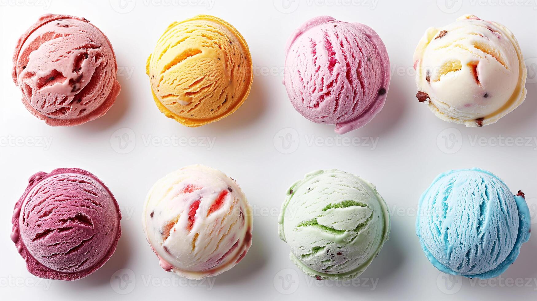 AI generated Top view of Ice cream scoop ball. Many assorted different flavour mockup template on white background photo