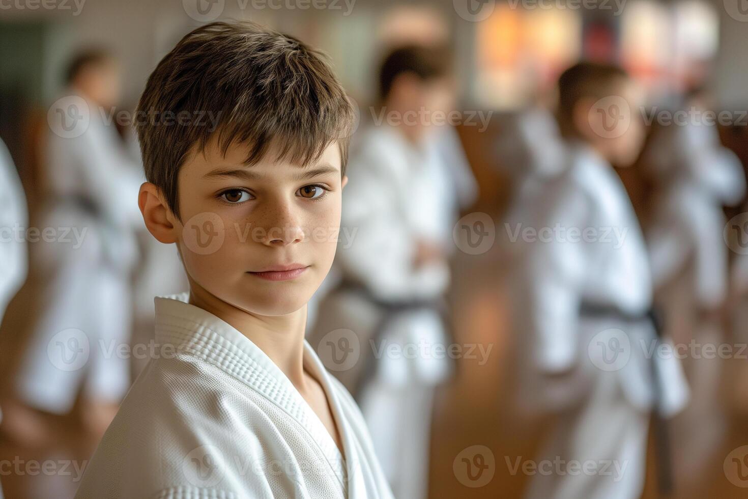 AI generated Portrait of boy in traditional clothes training experienced karate fighter club martial arts in the training room with the participants in the background photo