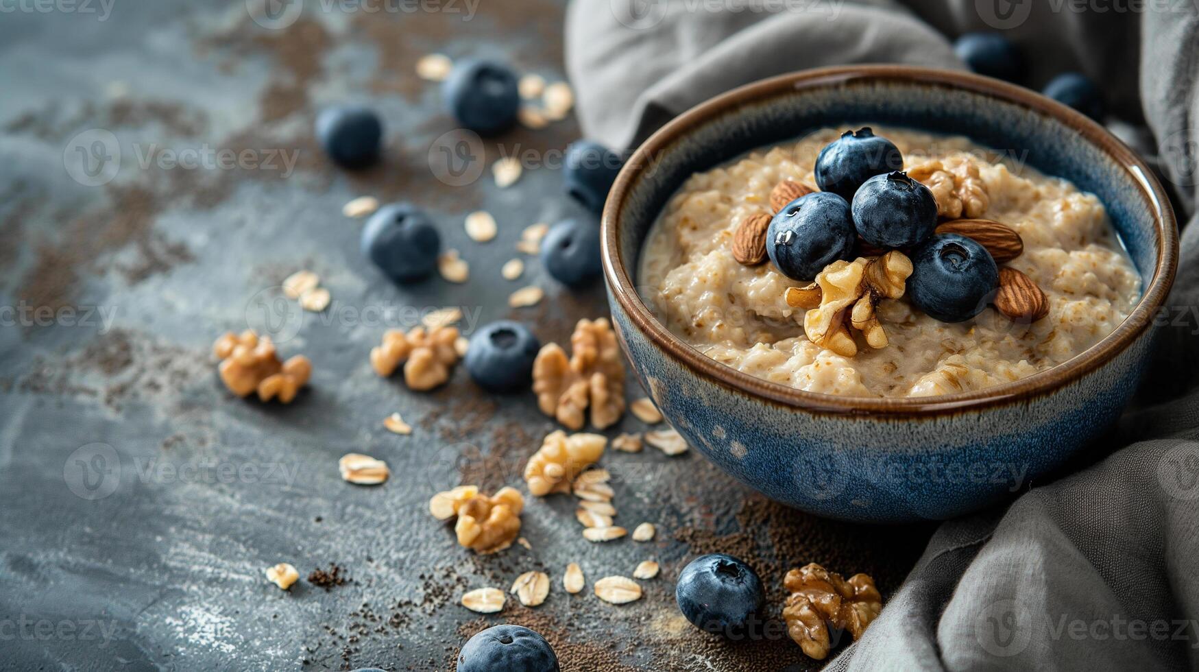 AI generated Blueberry and nut topped oatmeal on a rustic backdrop photo