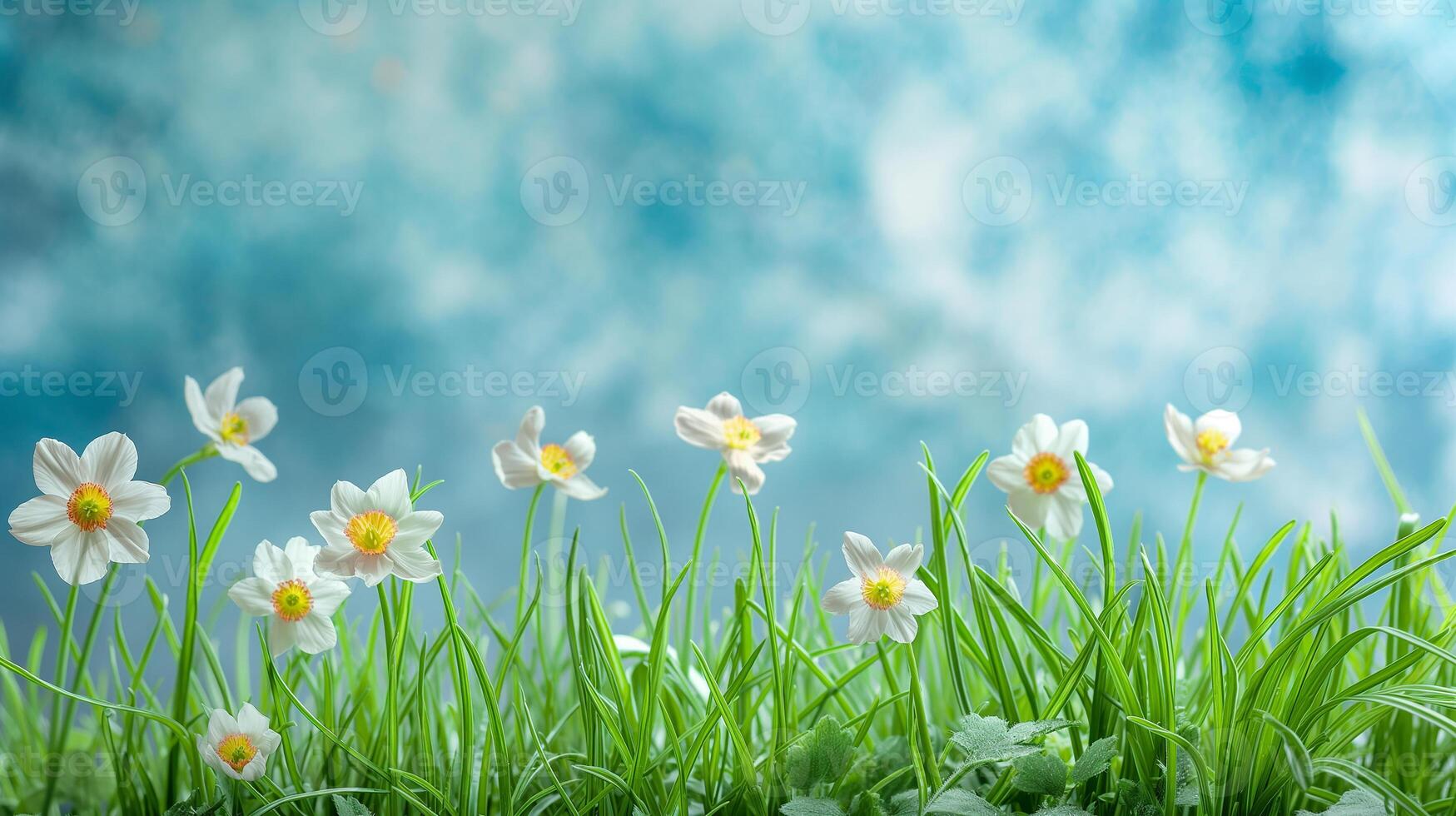 AI generated Close up of spring flowers with green grass on blured light blue background, Spring background for banner or card photo