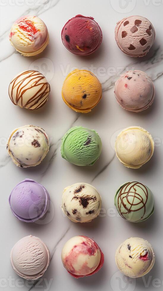 AI generated Top view of Ice cream scoop ball. Many assorted different flavour mockup template on white background photo