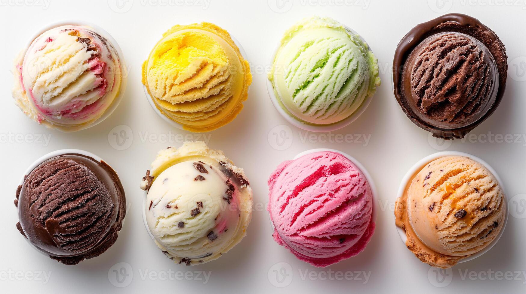 AI generated Top view of Ice cream scoop ball. Many assorted different flavour mockup template on white background photo