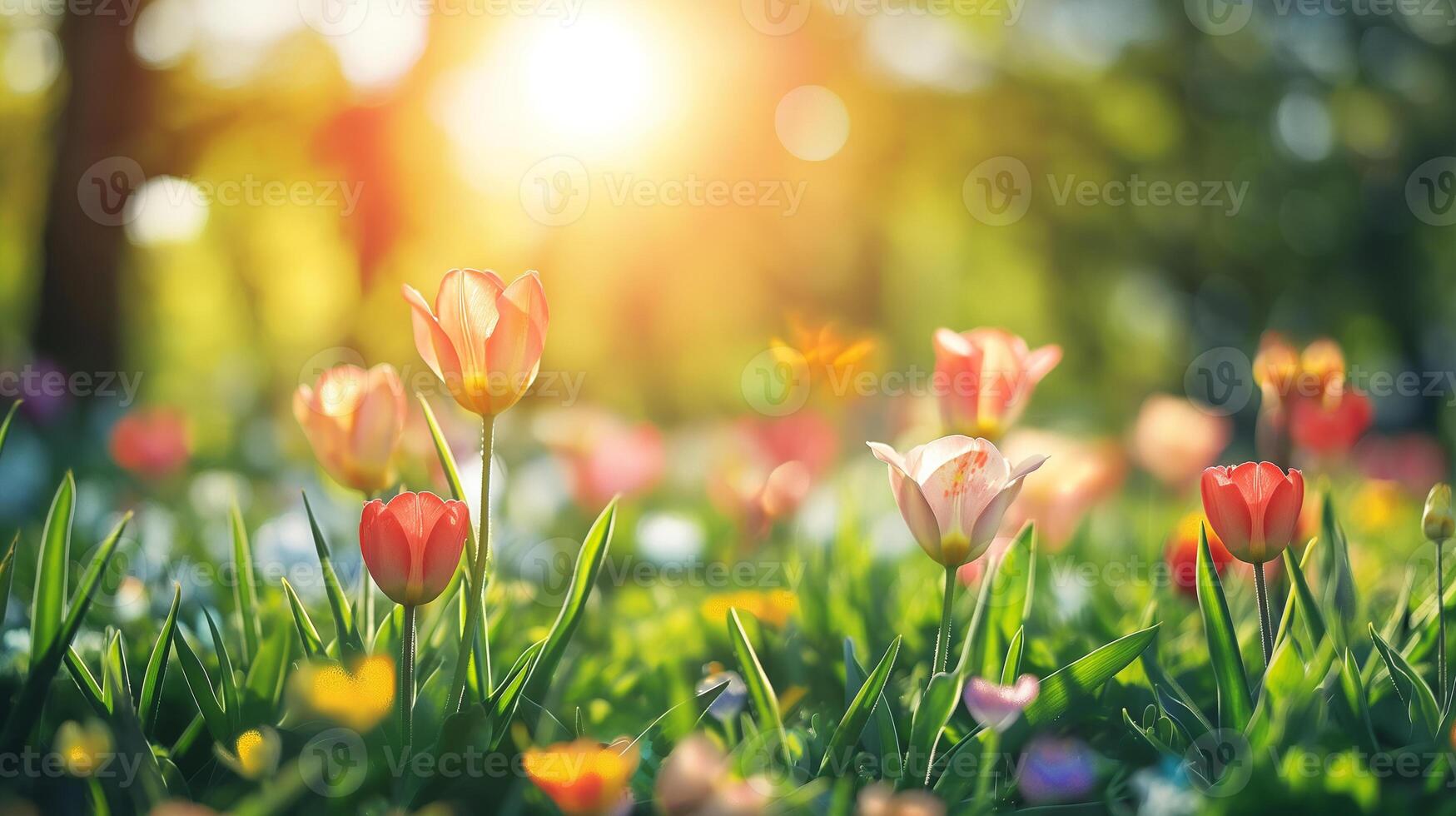 AI generated Close up of spring flowers with green grass on blured light background, Spring background for banner or card photo