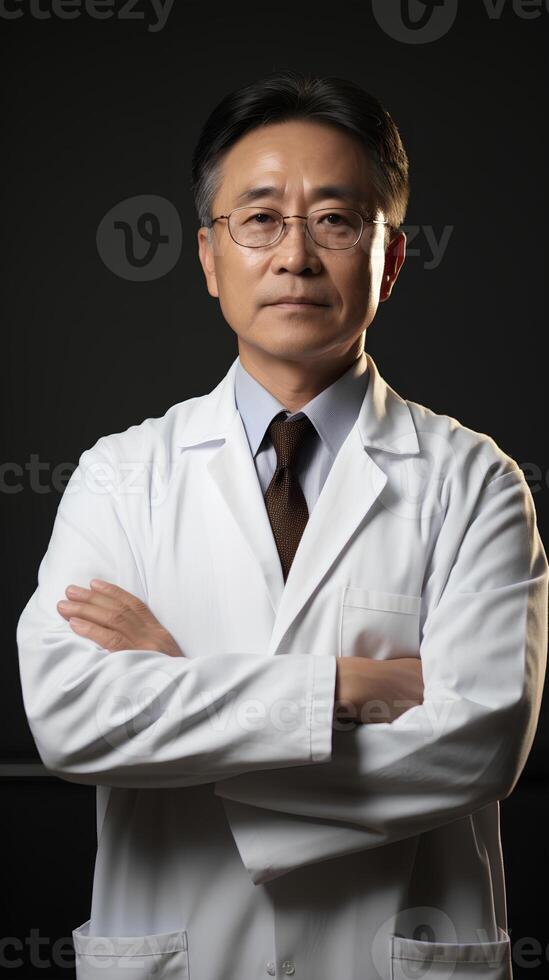 AI generated Portrait of asian male confidant scientist in white coat standing with arms crossed photo