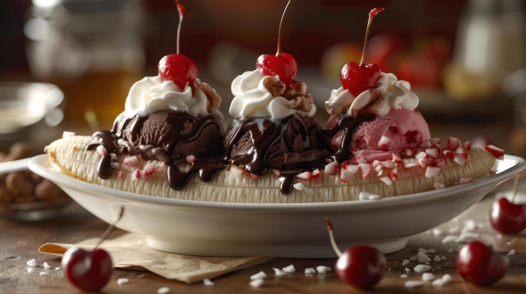 AI generated a banana split, with scoops of vanilla, chocolate, and strawberry ice cream, topped with whipped cream and cherries photo