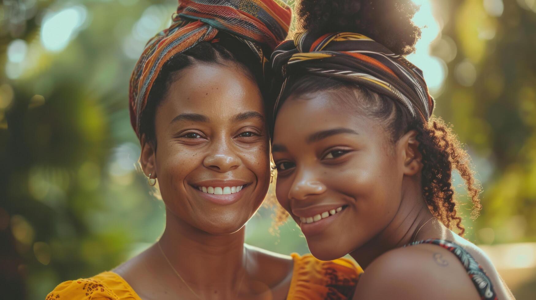 ai generado un africano americano madre abrazando su Adolescente hija con sonrisas foto