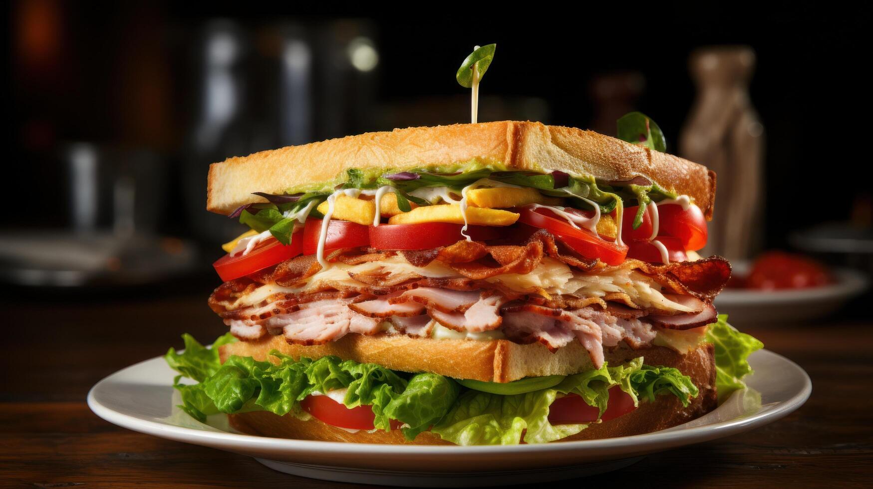 ai generado un club sándwich, apilado alto con capas de pavo, tocino, lechuga, tomate, y mayonesa en tostado un pan foto