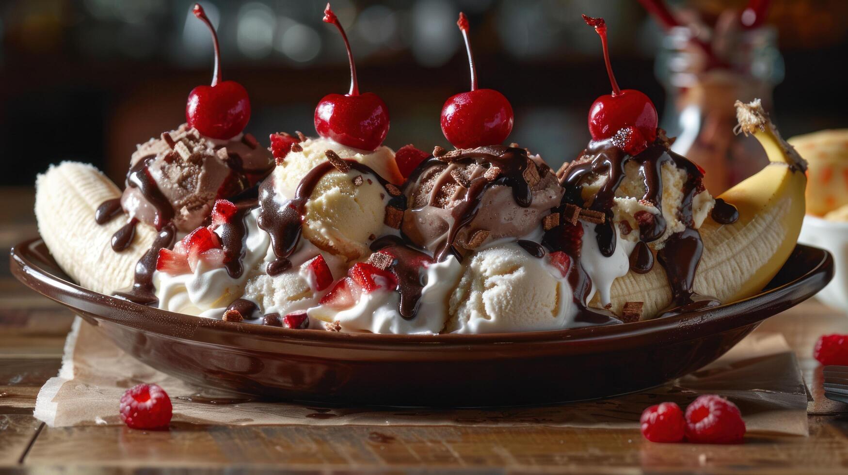 AI generated a banana split, with scoops of vanilla, chocolate, and strawberry ice cream, topped with whipped cream and cherries photo