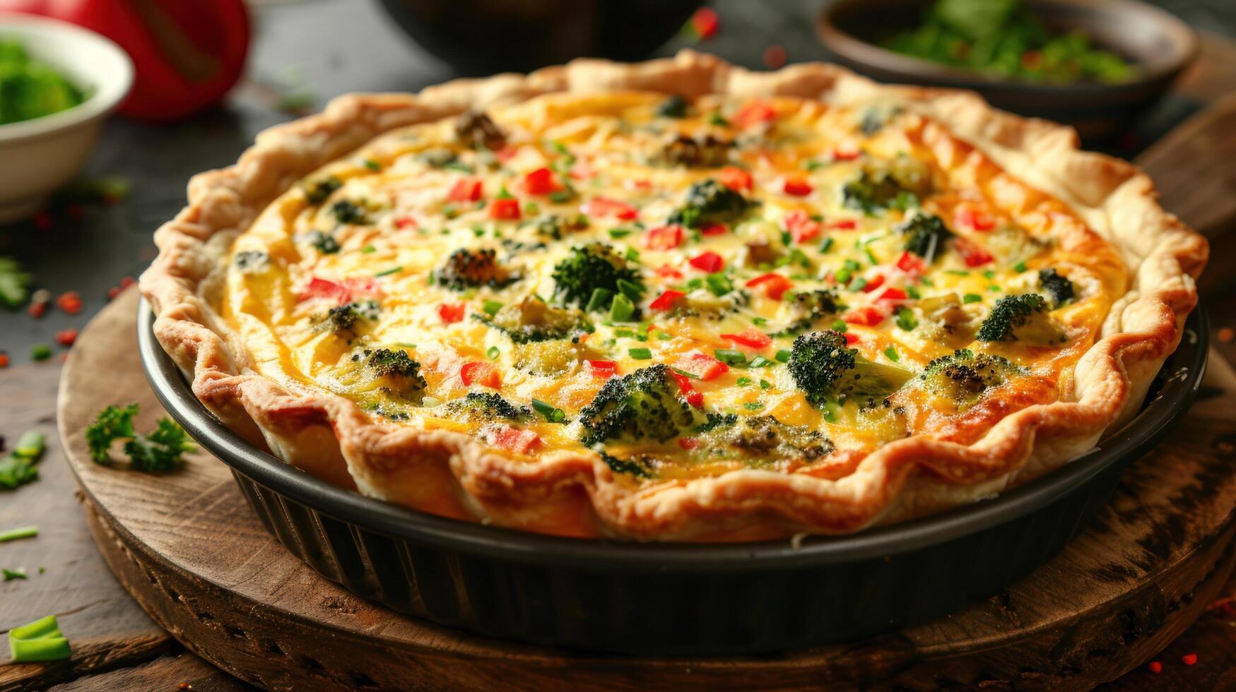 ai generado un primavera vegetal Quiche, con un escamoso corteza y un relleno de brócoli, campana pimientos, y queso Cheddar queso foto