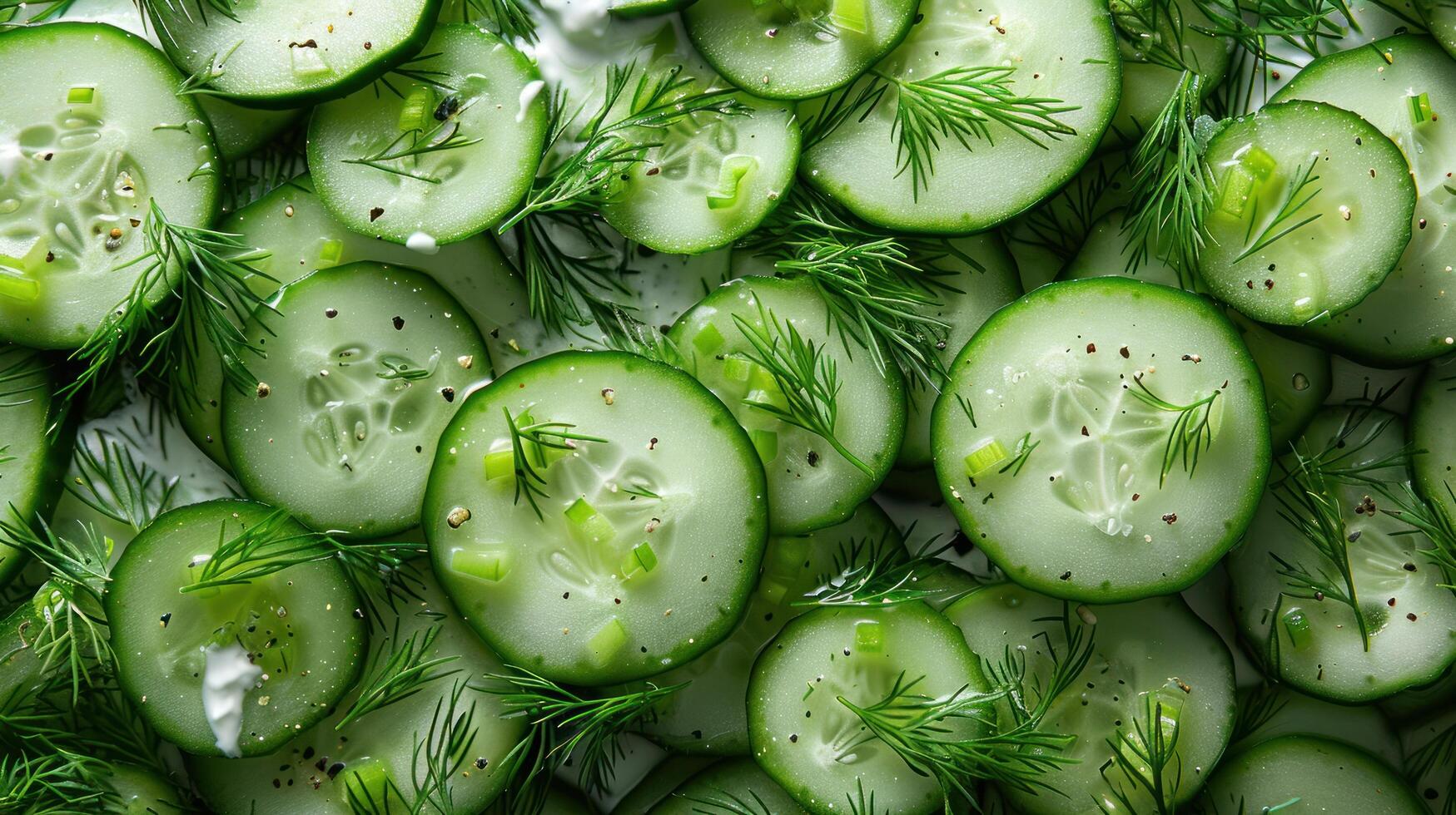 ai generado un Pepino eneldo ensalada, exhibiendo crujiente Pepino rebanadas, picante griego yogur foto