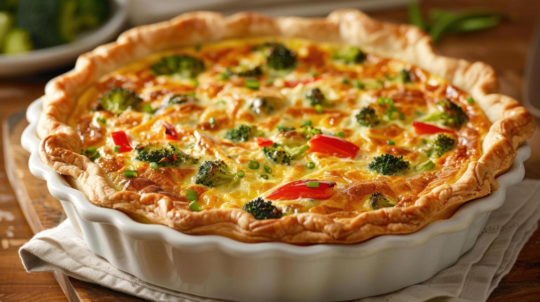 AI generated a spring vegetable quiche, with a flaky crust and a filling of broccoli, bell peppers, and cheddar cheese photo