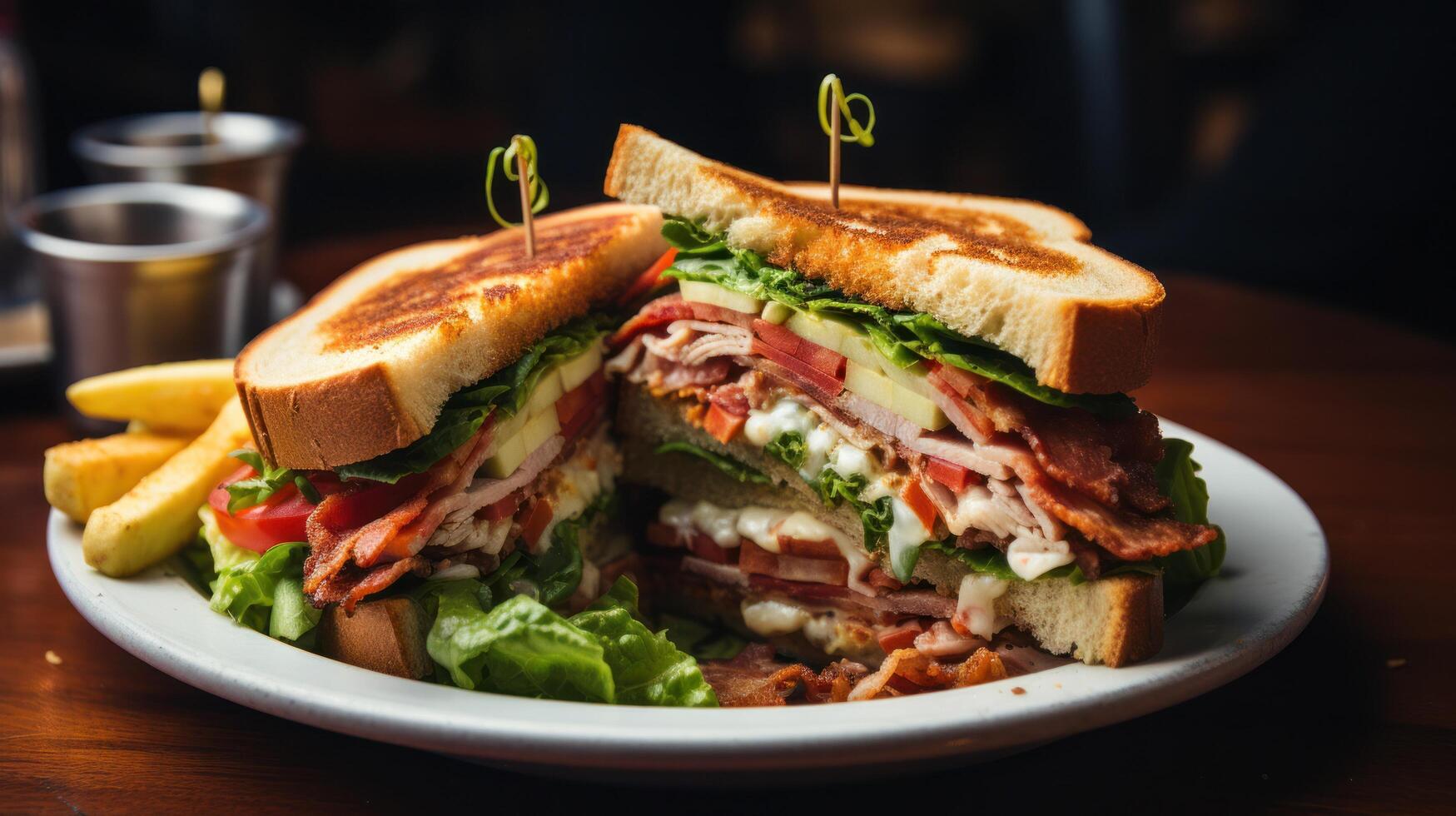 ai generado un club sándwich, apilado alto con capas de pavo, tocino, lechuga, tomate, y mayonesa en tostado un pan foto