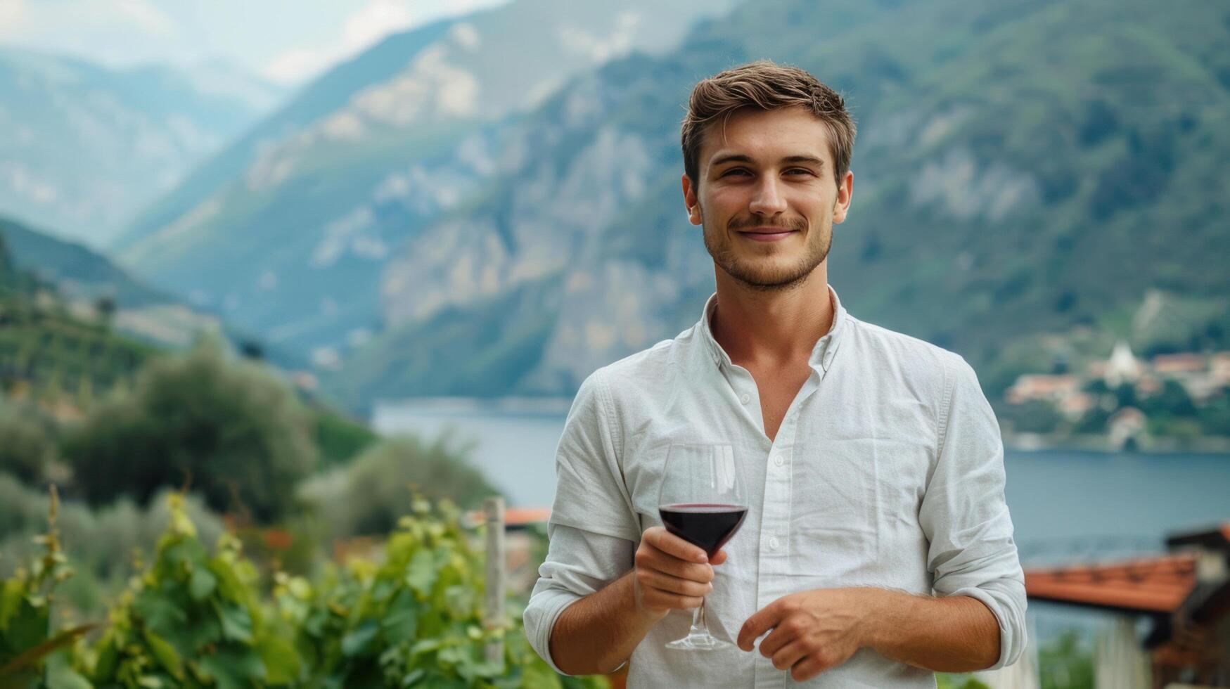 AI generated A handsome young man stands against a background of mountains in a white shirt and looks at the camera smiling photo