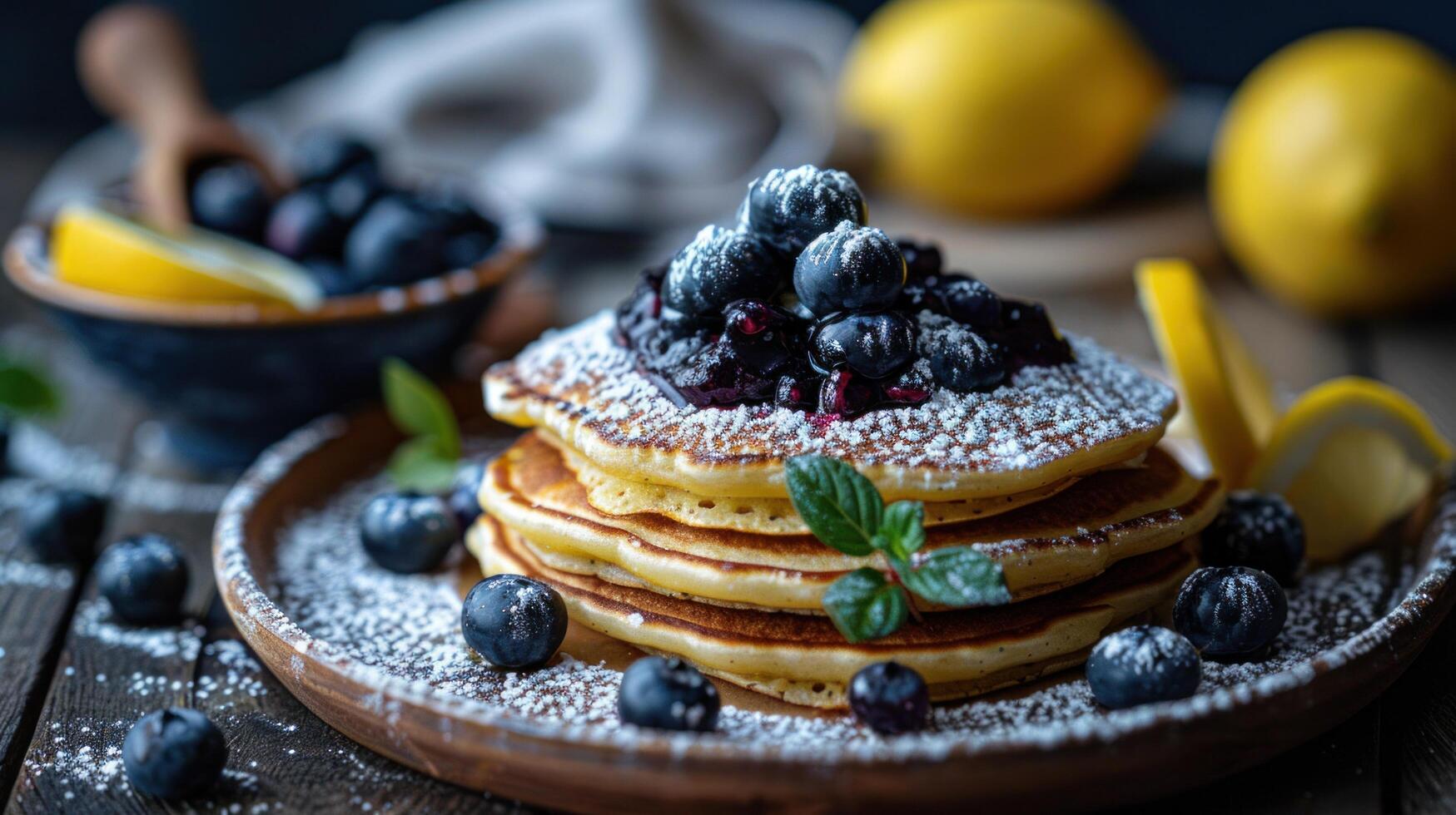 AI generated of lemon ricotta pancakes, topped with blueberry compote and a dusting of powdered sugar photo