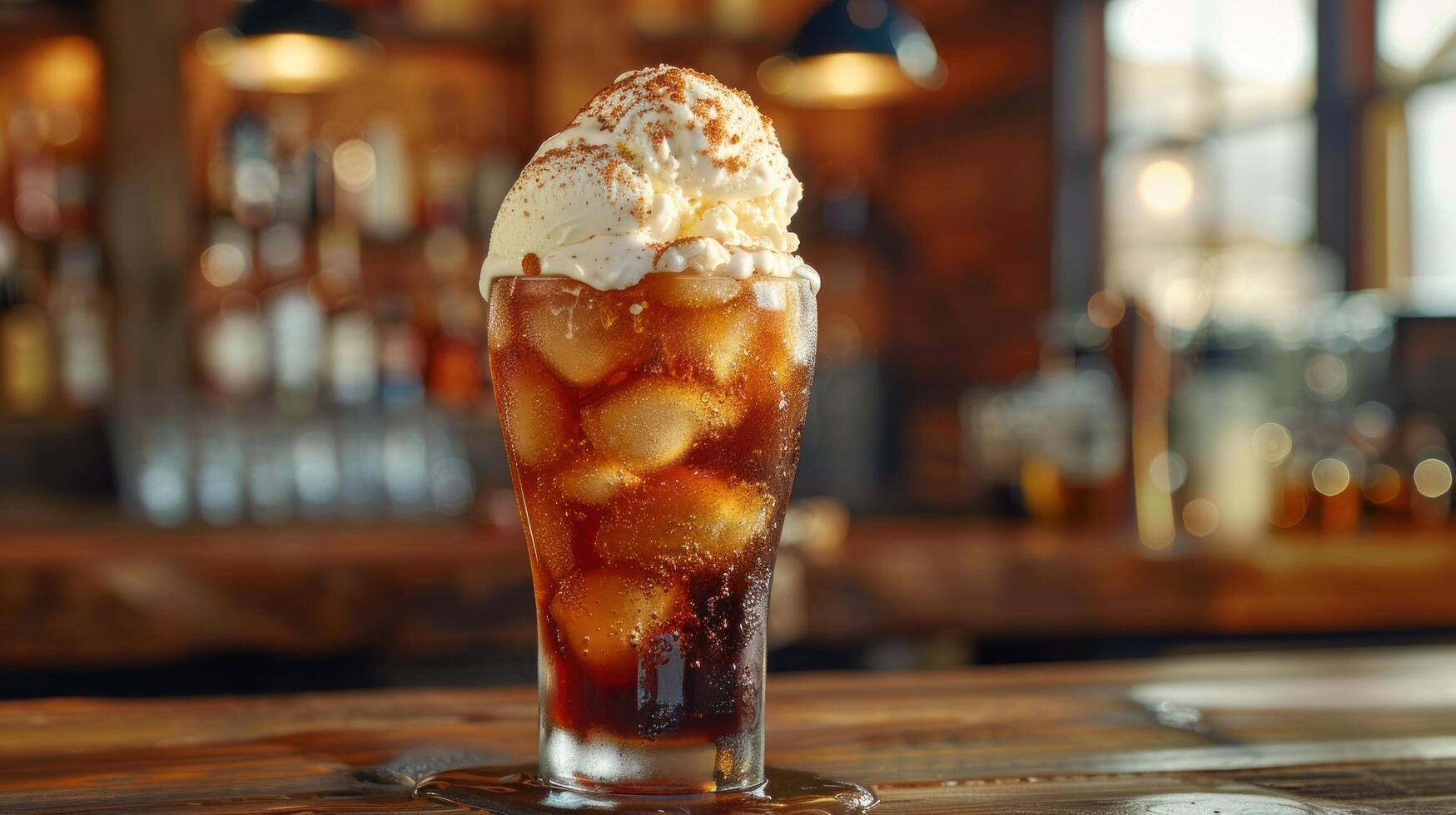 AI generated A delightful photo of a root beer float, with a scoop of vanilla ice cream floating in a glass of bubbly root beer