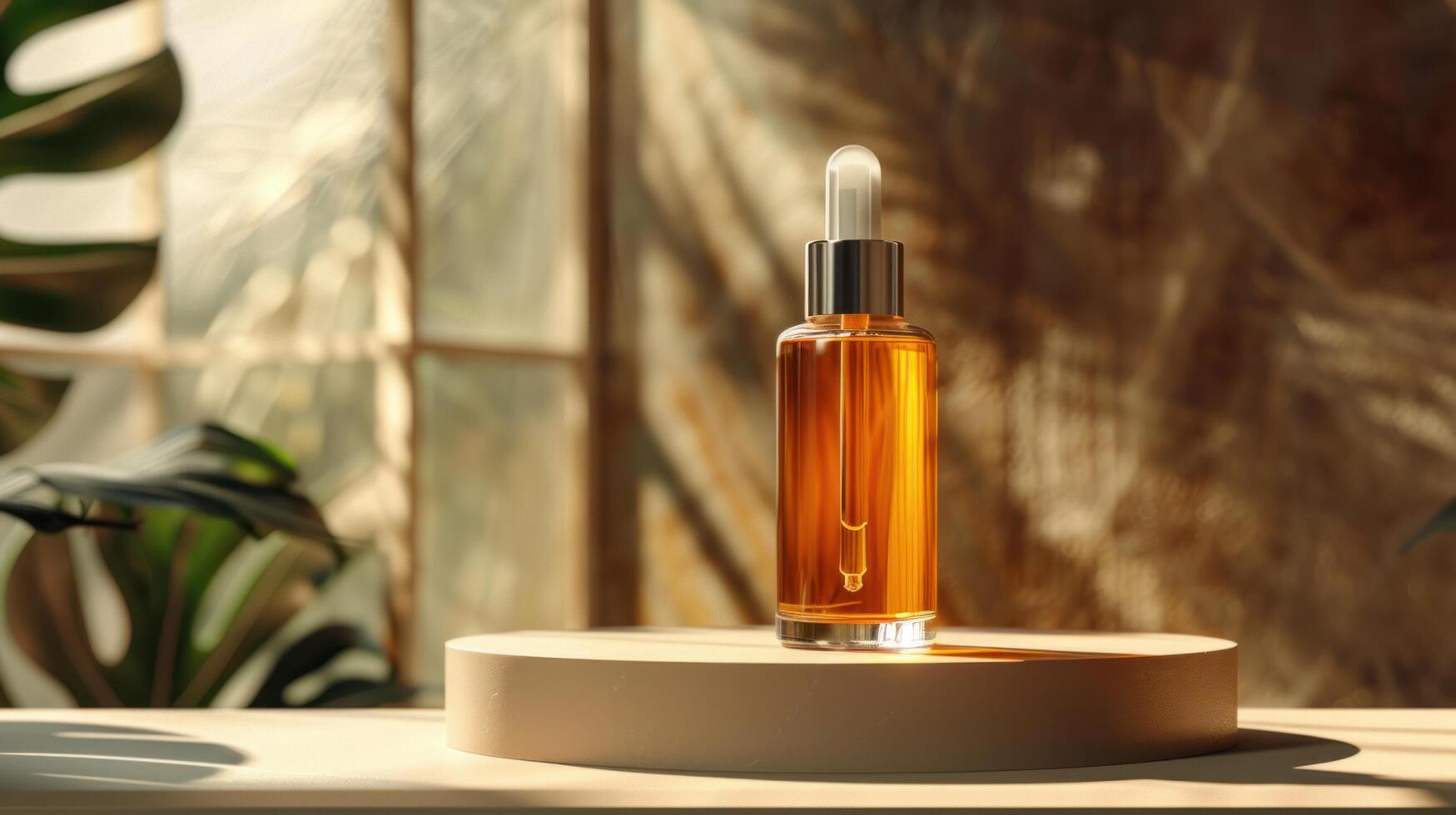 AI generated A glass bottle featuring an orange oil dropper for skin and hair care photo