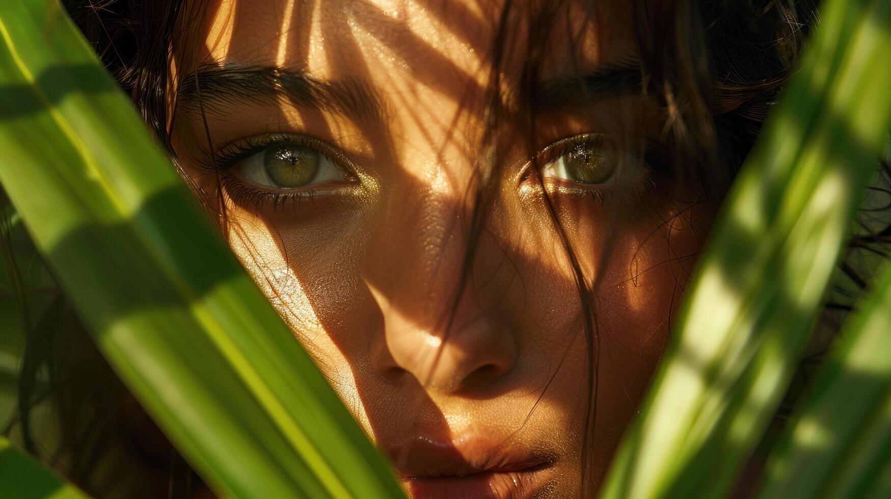 ai generado en el medio de lozano exótico plantas, un maravilloso niña con un besado por el Sol tez, natural maquillaje foto