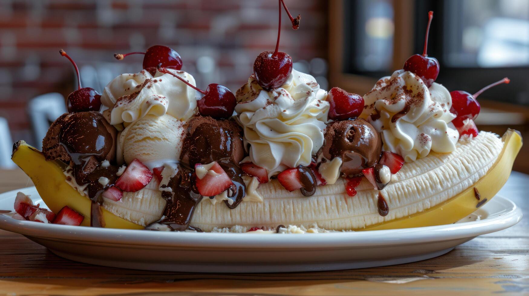 ai generado un plátano dividir, con cucharadas de vainilla, chocolate, y fresa hielo crema, coronado con azotado crema y cerezas foto