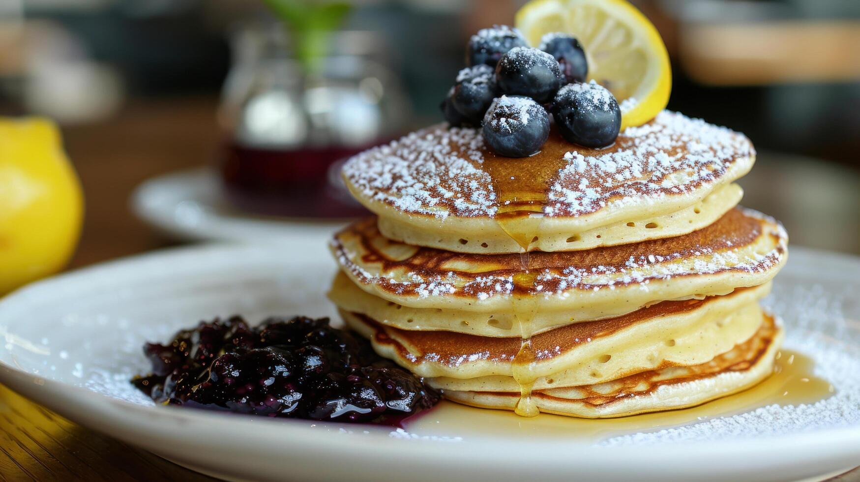 AI generated of lemon ricotta pancakes, topped with blueberry compote and a dusting of powdered sugar photo