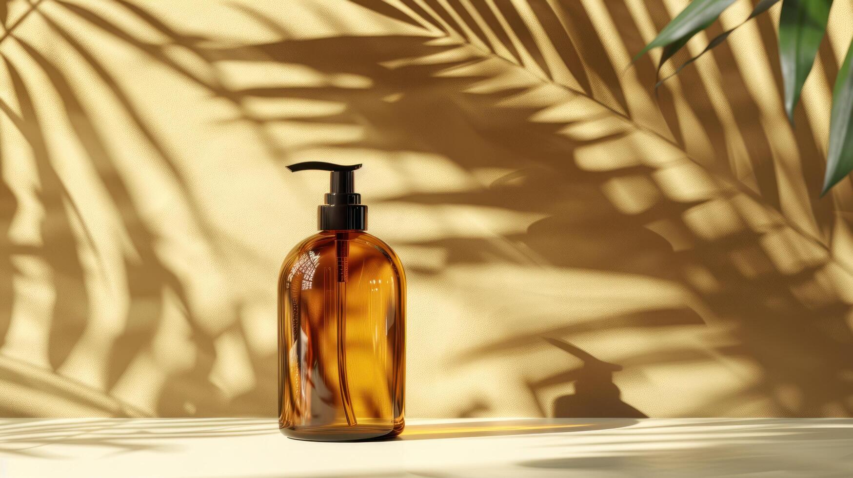 AI generated Ads for a mild cleansing shampoo featuring a brown pump bottle and shadows of palm leaves photo