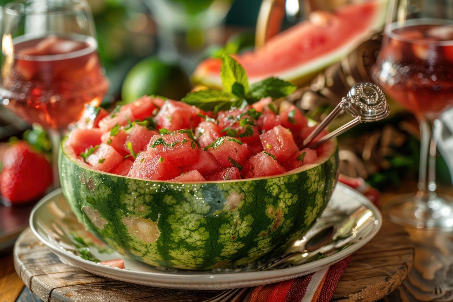 AI generated a watermelon punch, served in a hollowed-out watermelon with a ladle for serving photo