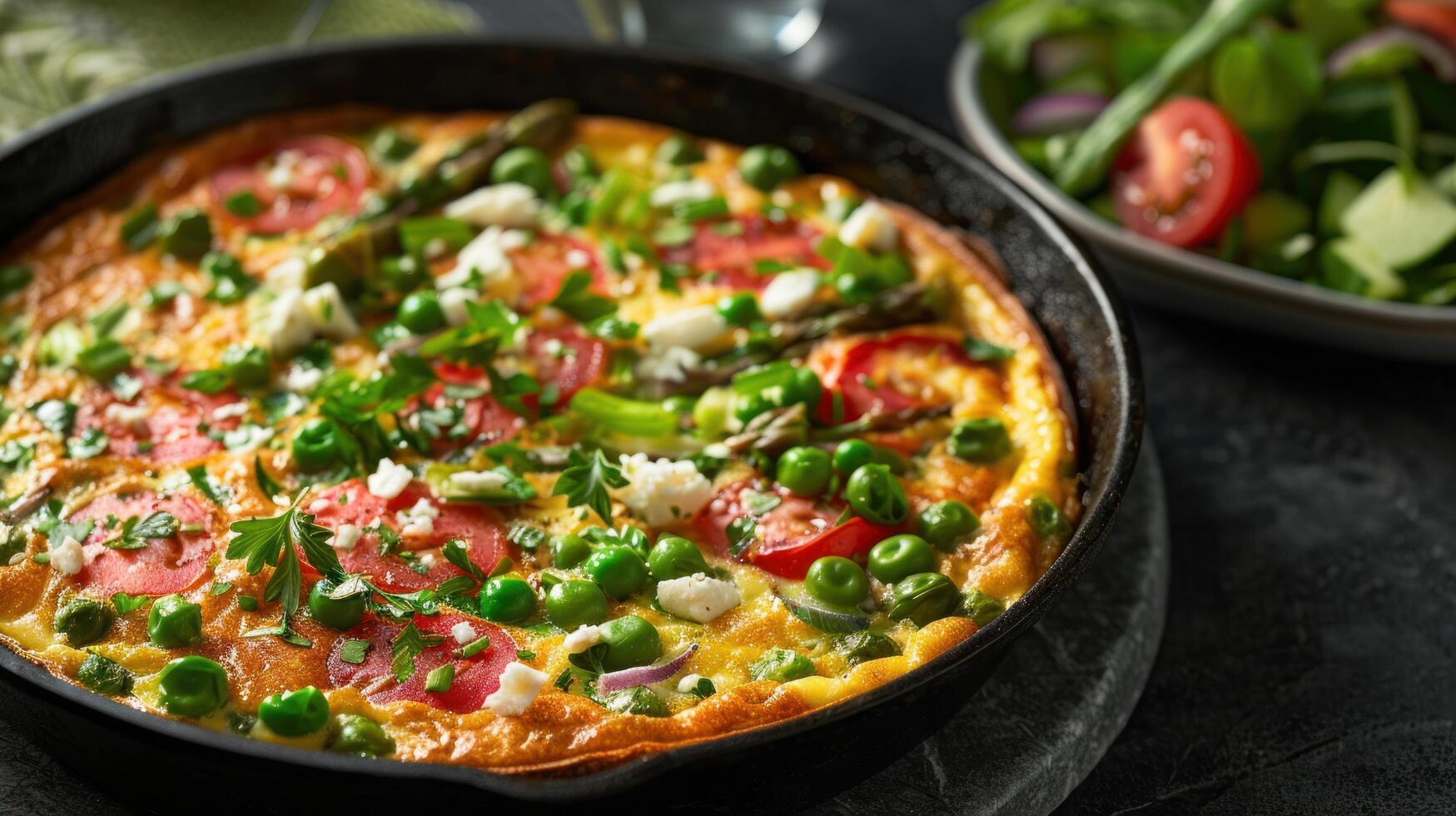 AI generated a spring vegetable frittata, filled with asparagus, peas, and feta cheese, served with a side salad photo