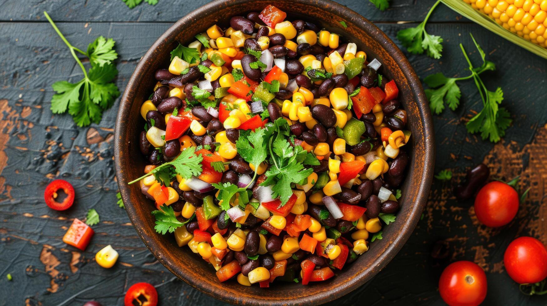 AI generated a corn and black bean salad, with sweet corn kernels, black beans, diced bell peppers, and cilantro, photo