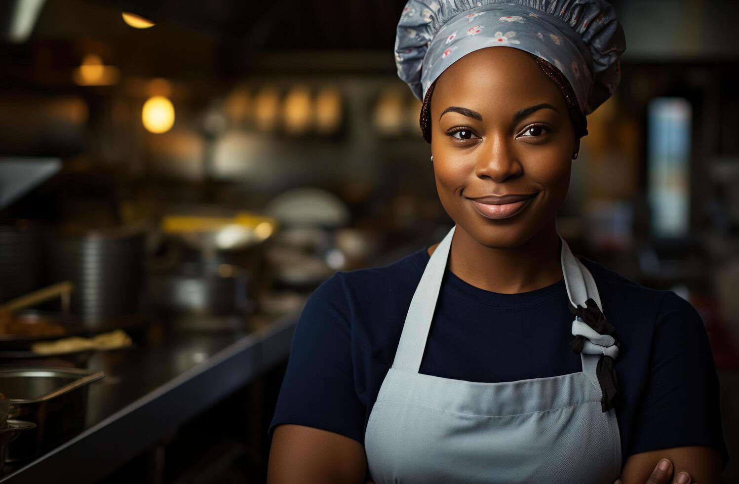 AI generated a smiling black chef standing in a kitchen portrait photo
