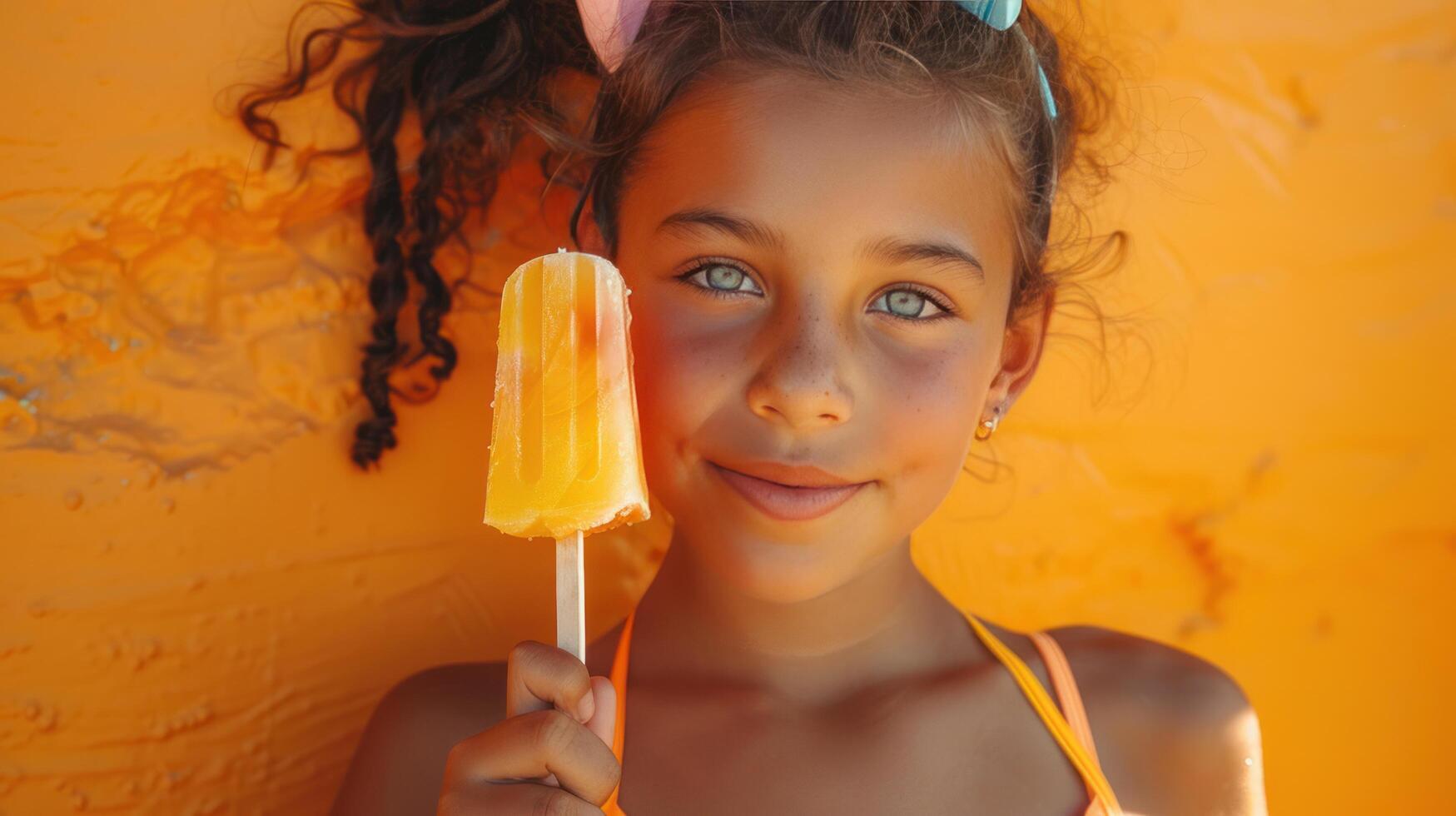 ai generado un encantador joven niña en un verano traje de baño sostiene un encantador Fruta hielo popular en contra un naranja antecedentes foto