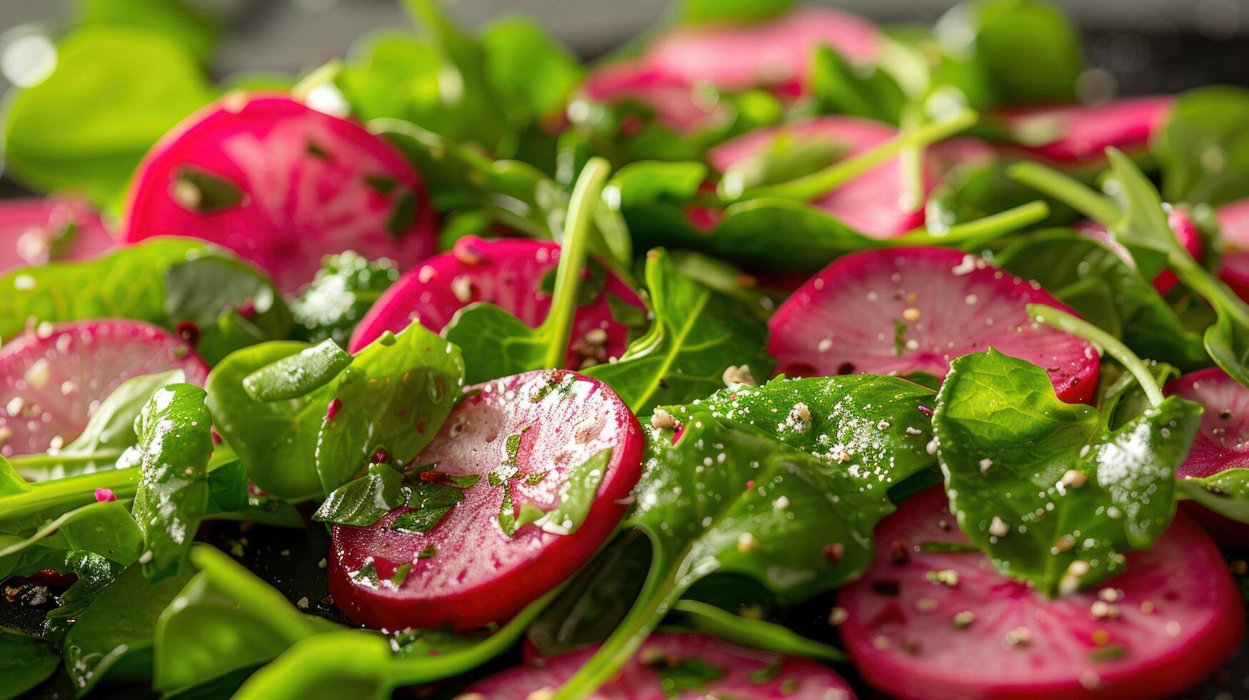 AI generated a radish and watercress salad, highlighting spicy radish slices, peppery watercress, and a zesty citrus dressing photo