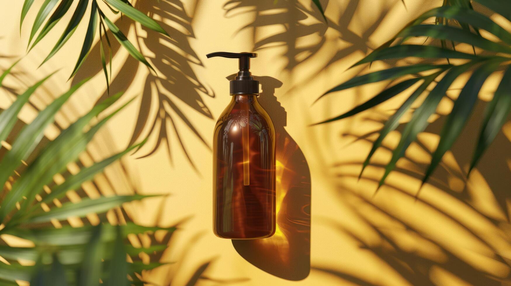 AI generated Ads for a mild cleansing shampoo featuring a brown pump bottle and shadows of palm leaves photo