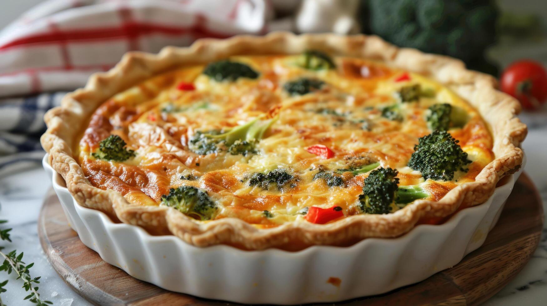 ai generado un primavera vegetal Quiche, con un escamoso corteza y un relleno de brócoli, campana pimientos, y queso Cheddar queso foto