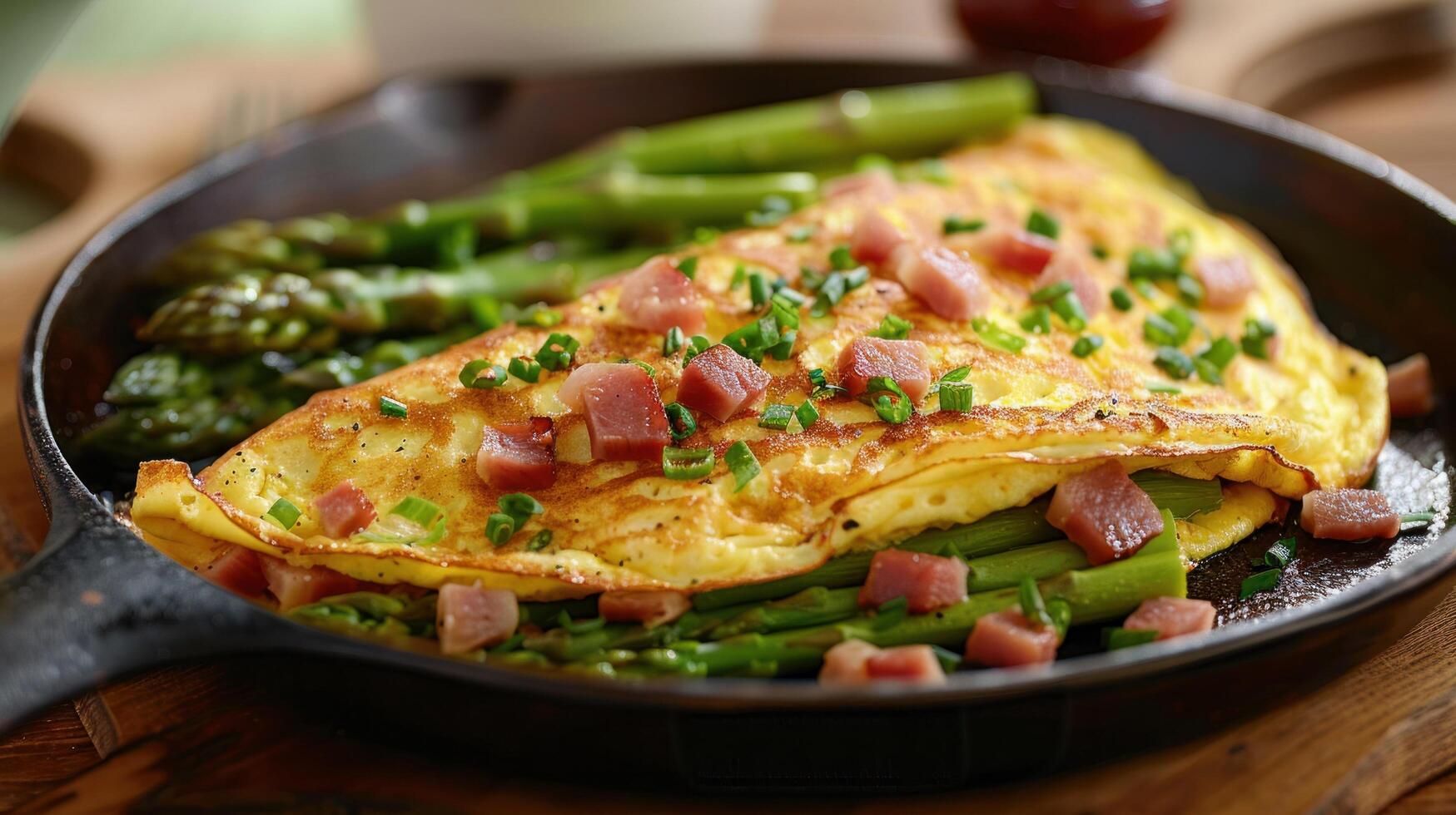 ai generado un jamón y espárragos tortilla, lleno con cortado en cubitos jamón, espárragos lanzas, y suizo queso foto