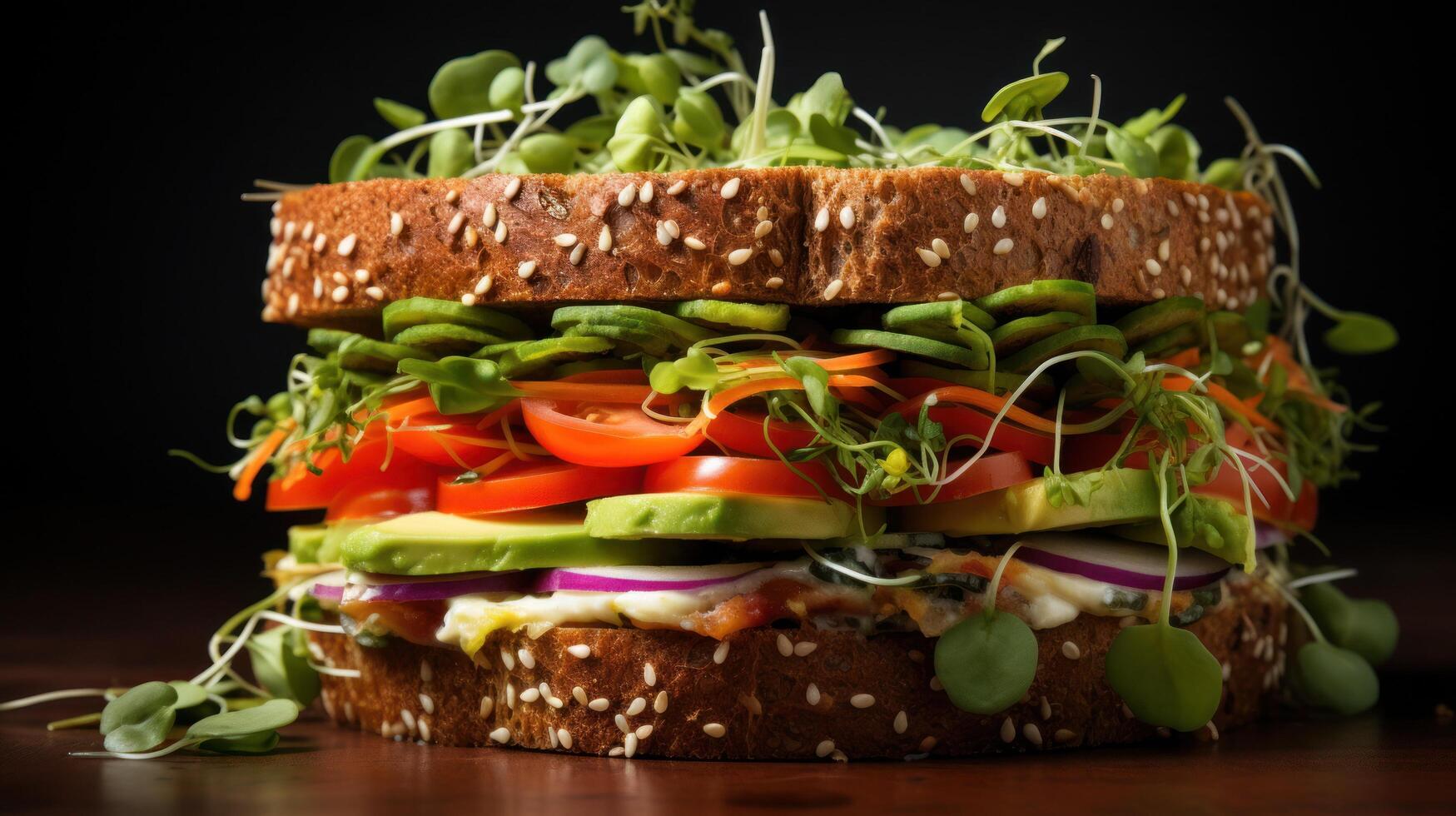 ai generado un vegetariano sándwich, presentando rebanadas de palta, pepino, campana pimientos, y coles en todo grano un pan foto