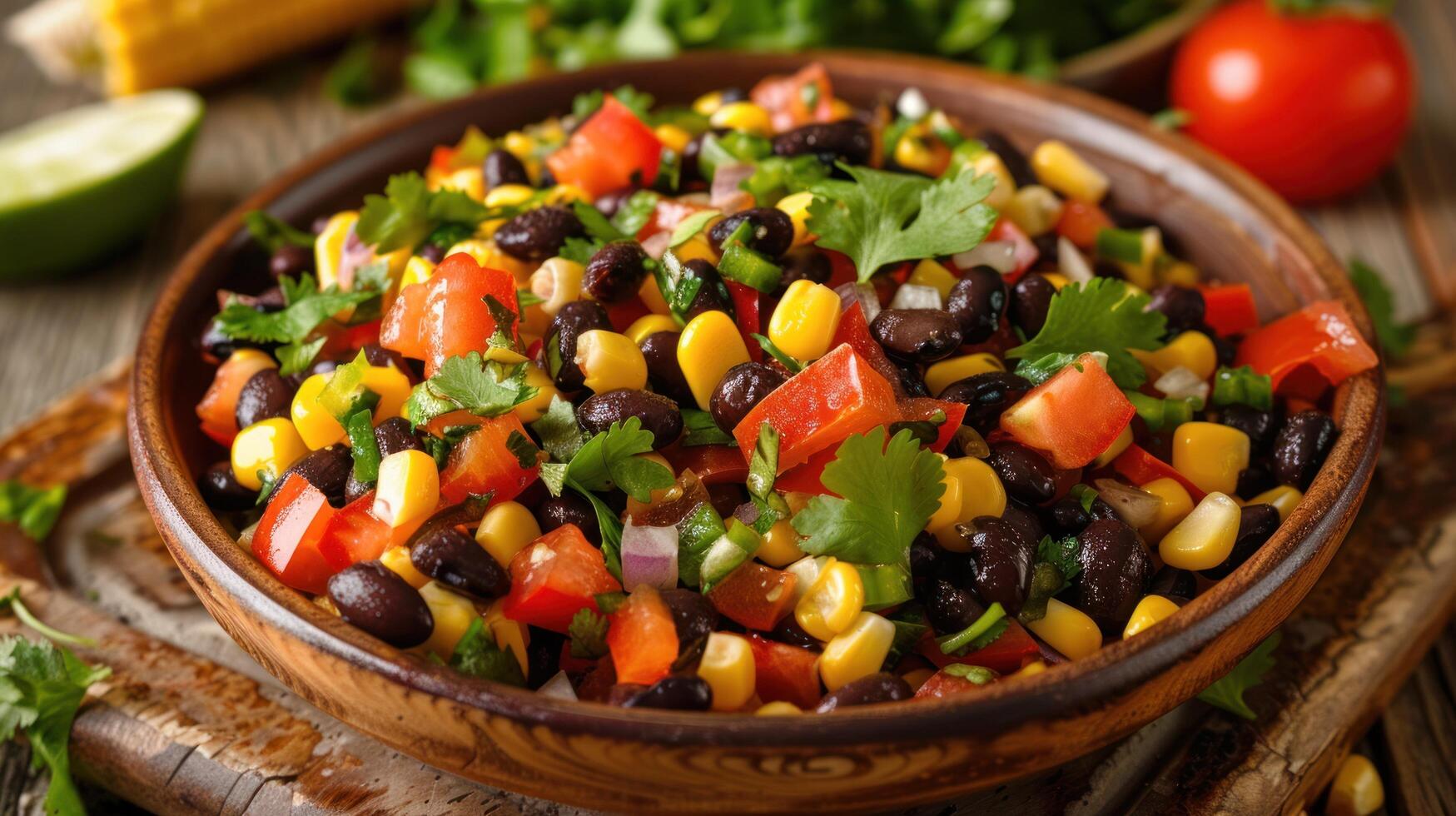 ai generado un maíz y negro frijol ensalada, con dulce maíz granos, negro frijoles, cortado en cubitos campana pimientos, y cilantro, foto