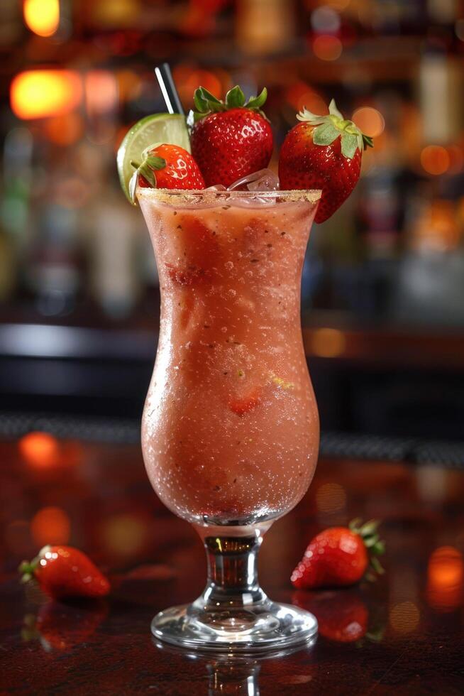 AI generated a strawberry daiquiri, with fresh strawberries, rum, lime juice, and simple syrup, blended with ice photo