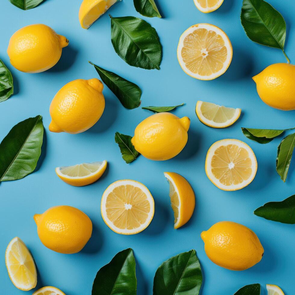 AI generated A flat lay showcasing a vibrant blue background adorned with a fresh lemon pattern photo