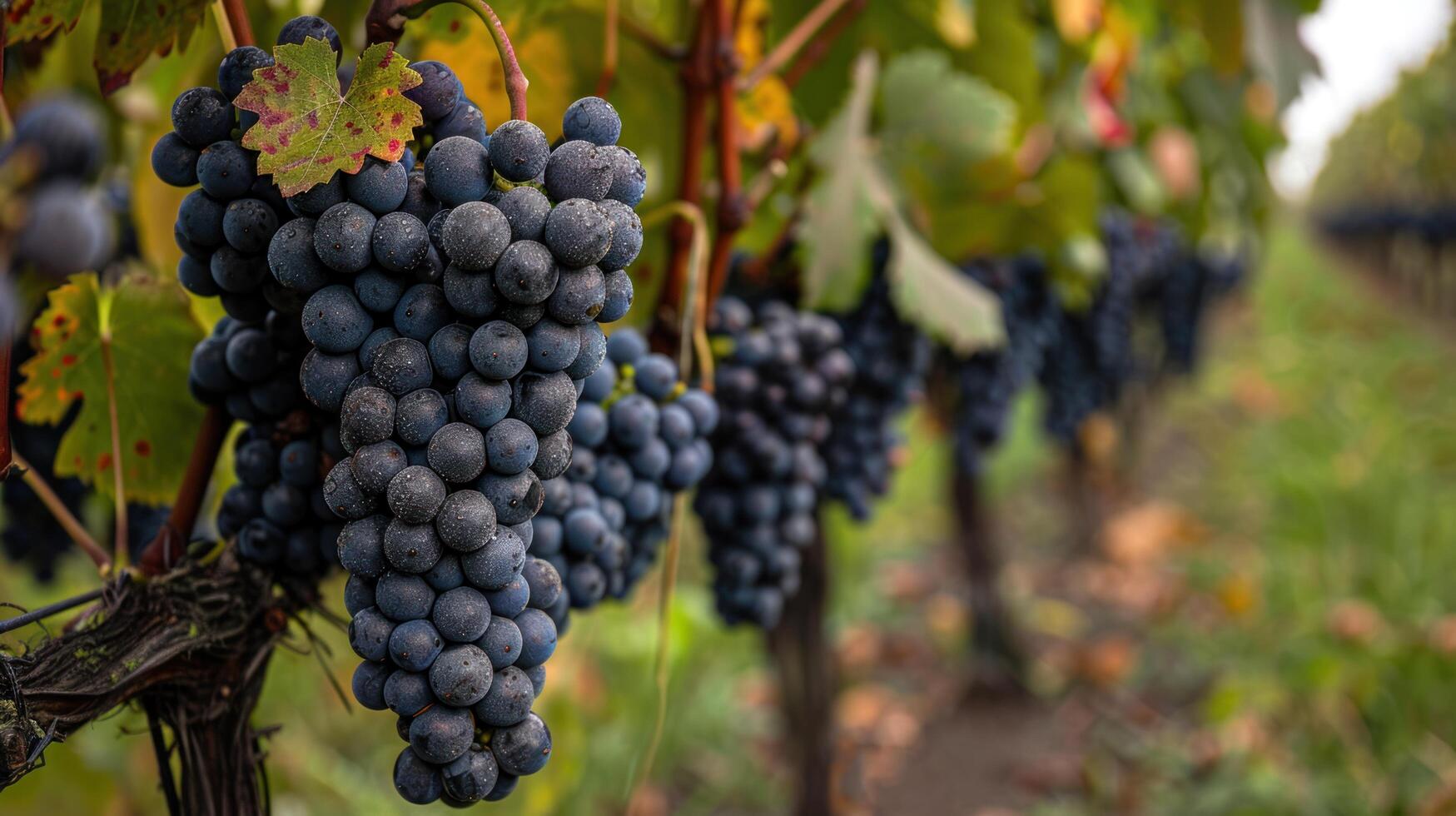 ai generado un de cerca Disparo exhibiendo un racimo de uvas colgando en un vid en un viñedo foto