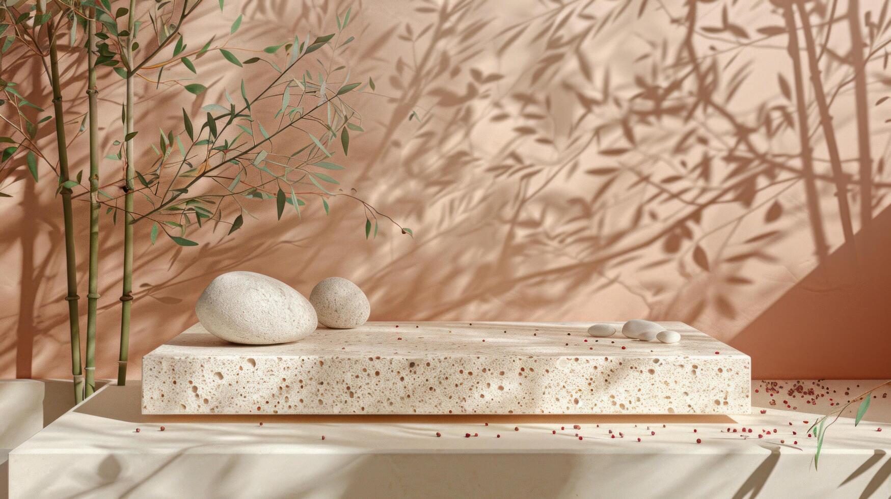 AI generated A premium paper podium set against a soft pastel backdrop, embellished with plant branches, leaves, pebbles photo